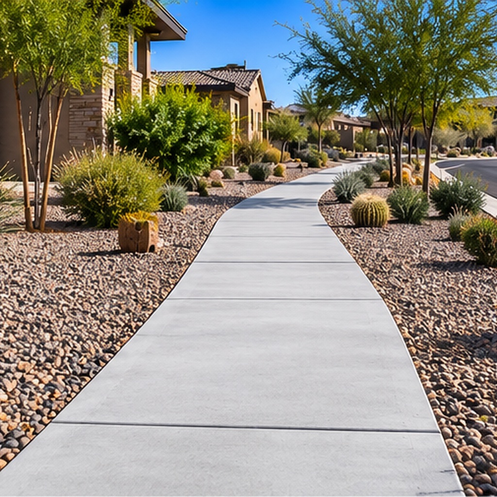 Concrete sidewalk with desert landscaping in an Arizona neighborhood